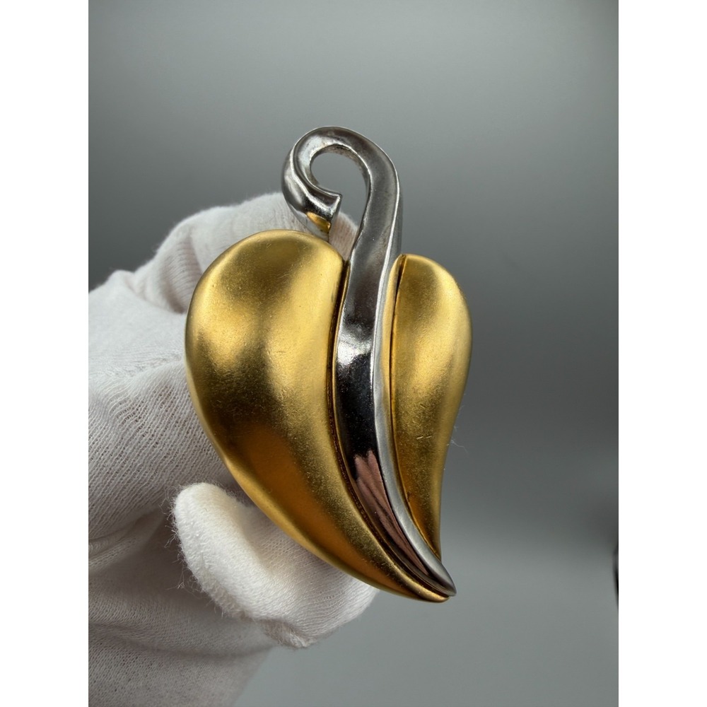 Vintage Karl Lagerfeld Gold & Silver Heart brooch Signed KL Modernist 1980s #962